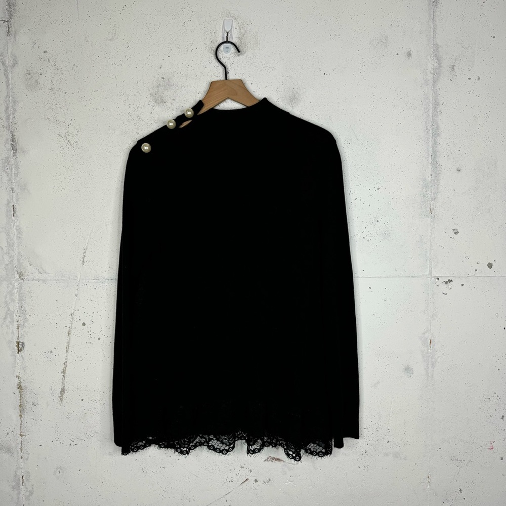 Broome Street Kate Spade Black Lace Trim Mock Neck Sweater Big Pearls Medium - Picture 8 of 9